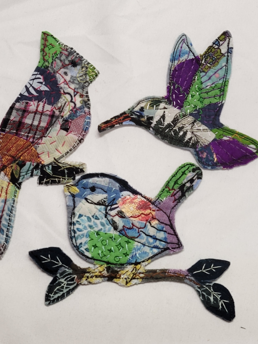 Handmade Fabric Bird Patches Set of 3 Scrap Fabric Hand Sewn Iron On Boho